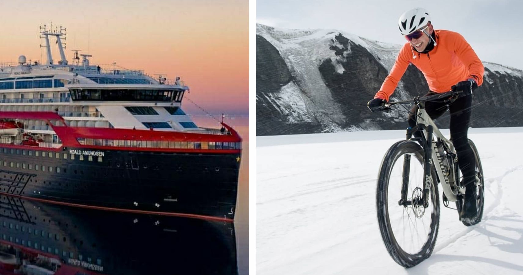 Navio de cruzeiro e ciclista de triatlo na Antártida