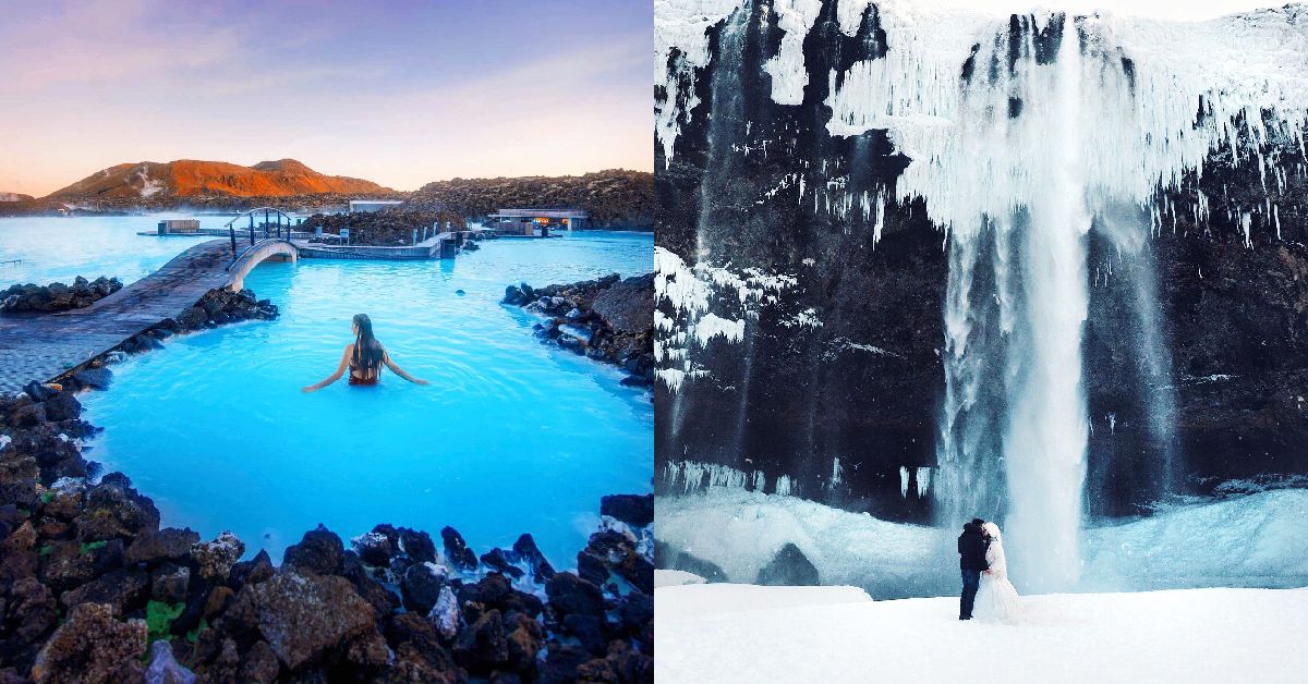 lagoa azul e cachoeira na islândia