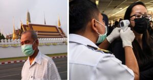 Thai man with mask and Thai woman checked for coronavirus
